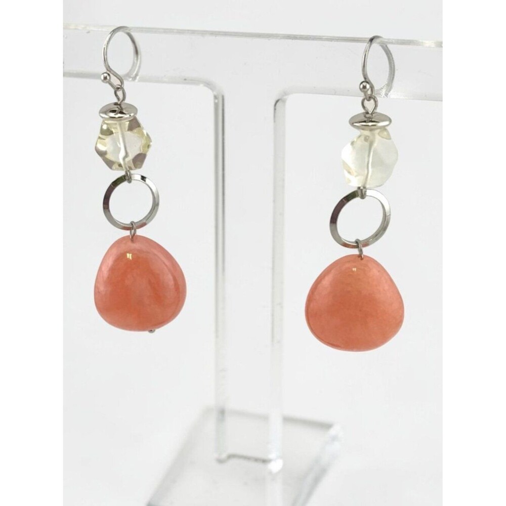 Peachy Pink Beaded Earrings Faceted Clear Accents Dangle 2.5" Drop